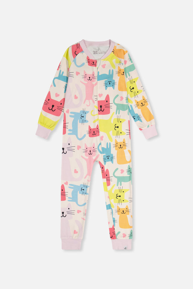 Organic Cotton One Piece Pajama White Cat Print-0