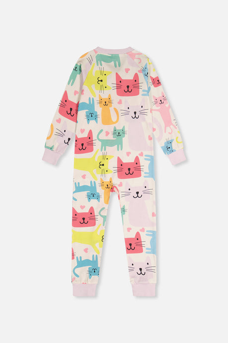 Organic Cotton One Piece Pajama White Cat Print-4