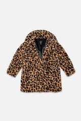Faux Fur Long Coat Brown Leopard Print-0
