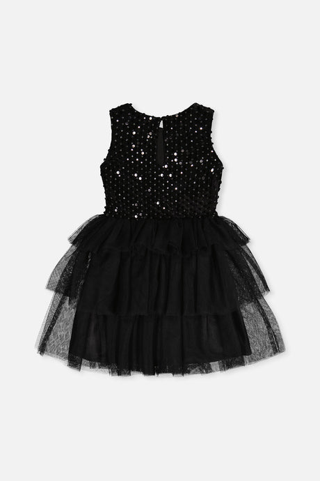 Back view of the Deux par Deux black sleeveless velour and mesh dress
