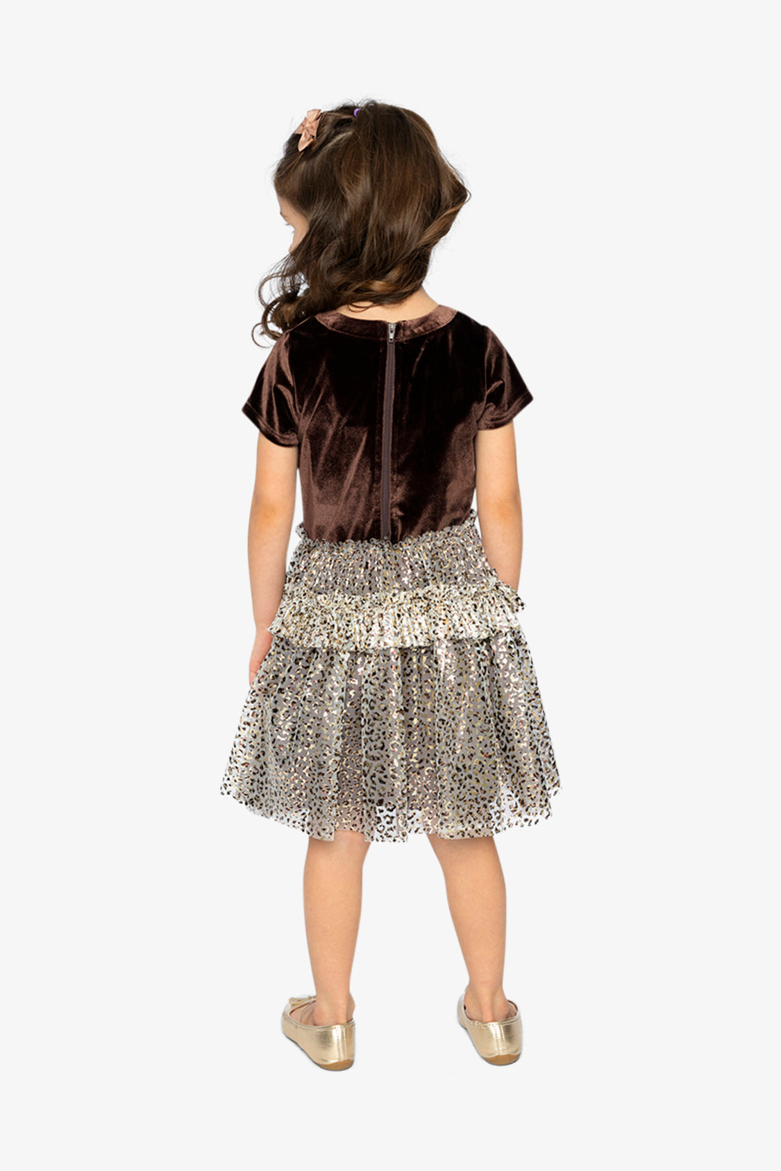 Bi-Material Short Sleeve Dress With Printed Mesh Skirt Dark Brown-3