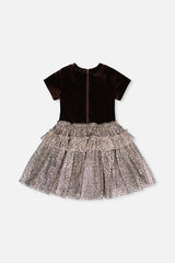 Bi-Material Short Sleeve Dress With Printed Mesh Skirt Dark Brown-4