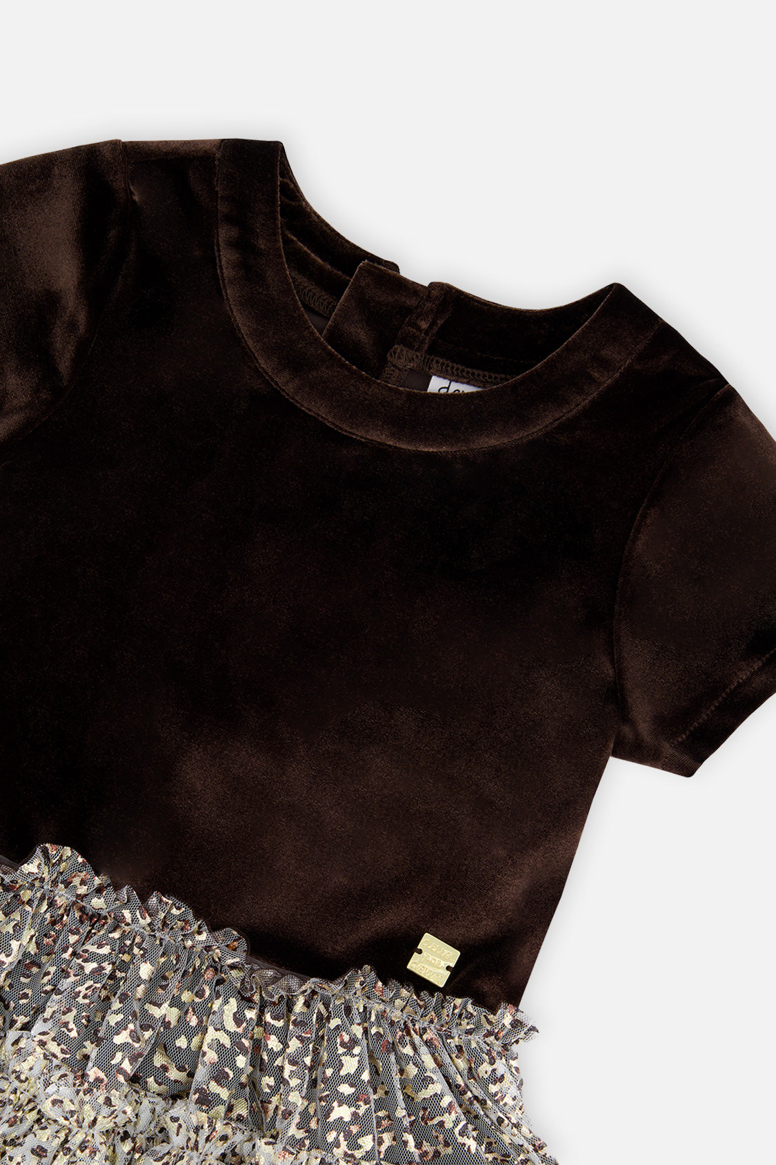 Close-up of the velvet neckline and metallic leopard print on the Deux par Deux brown dress