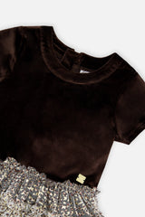 Close-up of the velvet neckline and metallic leopard print on the Deux par Deux brown dress