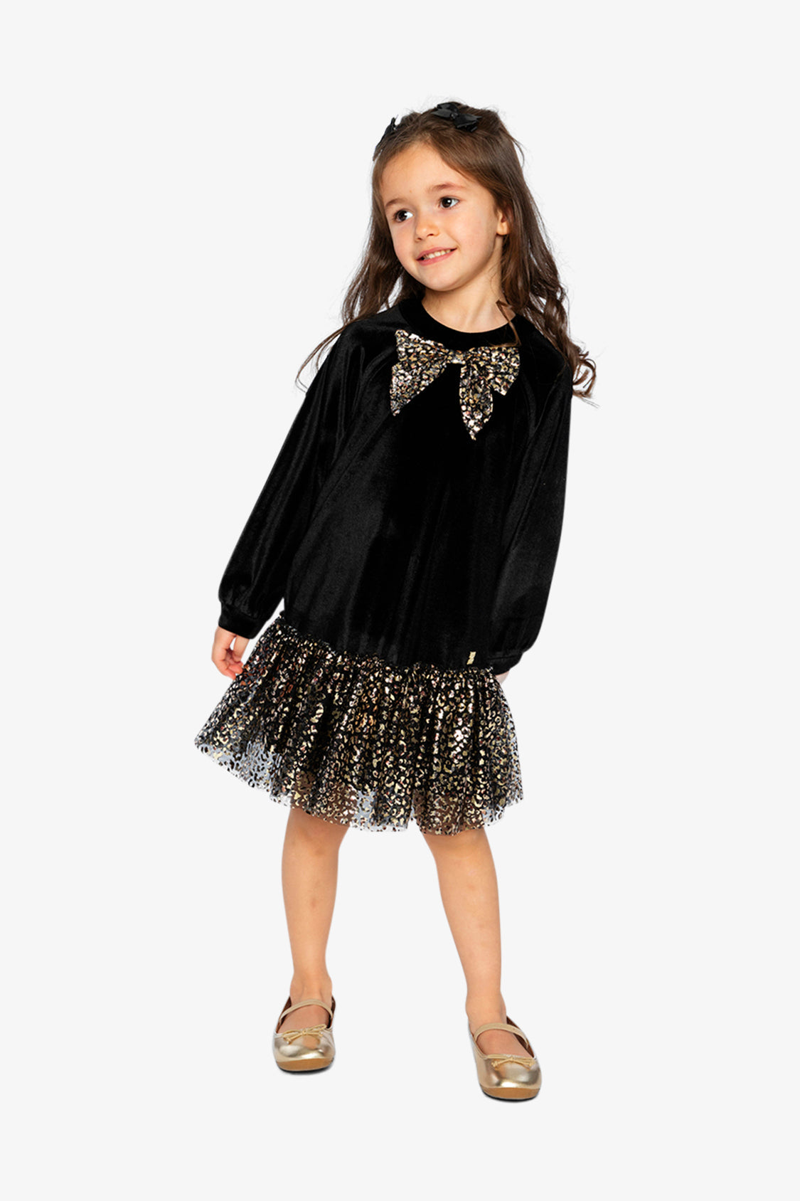 Bi-Material Raglan Sleeves Dress Black And Gold-1