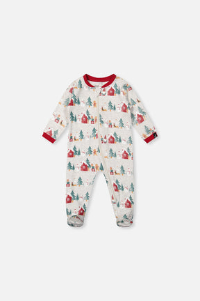 Baby Organic Cotton One Piece Christmas Pajama Beige Christmas Print-0