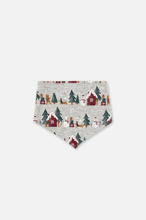 Deux par Deux holiday print dog bandana with snowmen, trees and red cabins, front view