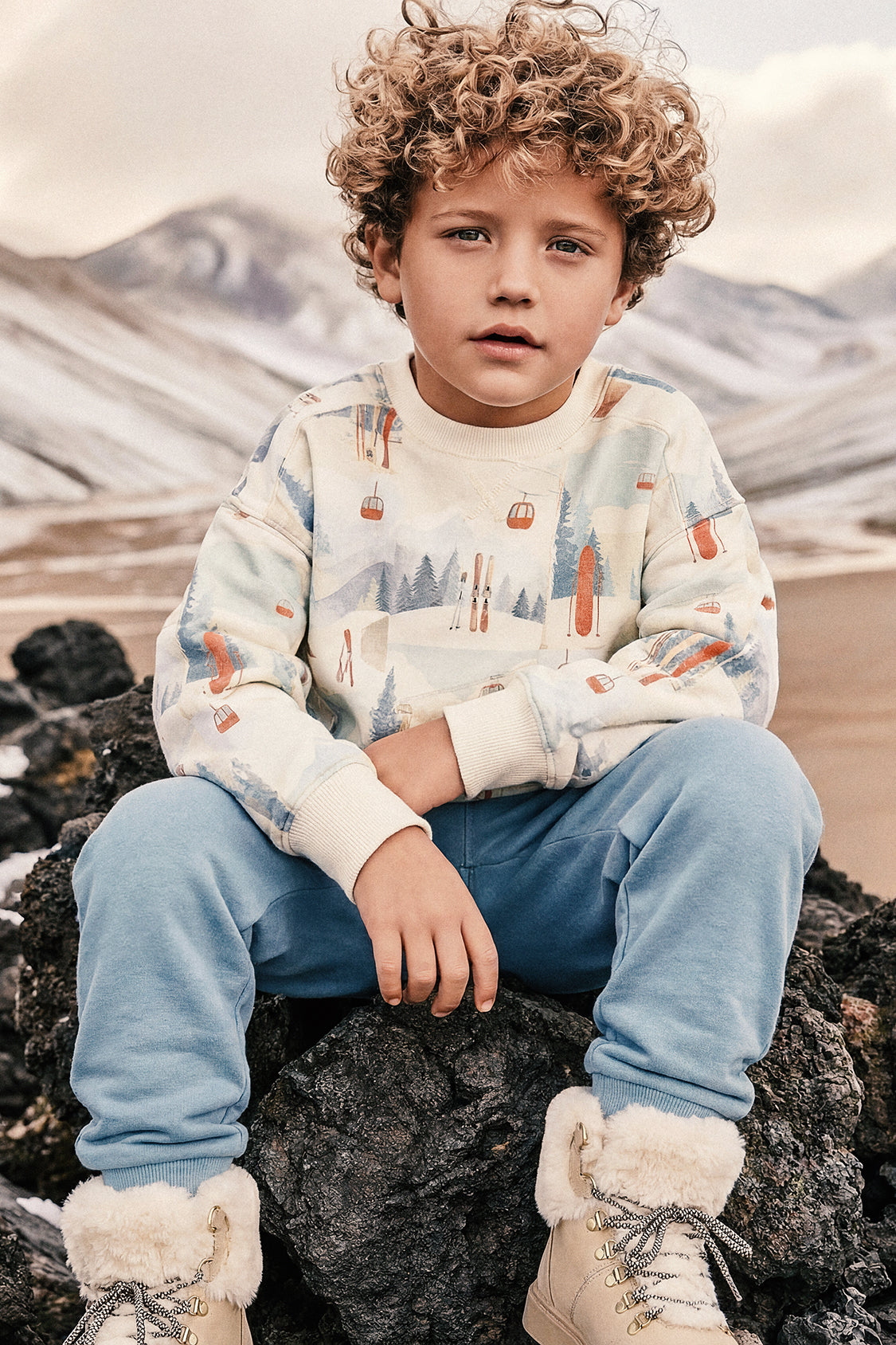 Fleece Sweatshirt Beige Ski Print-1
