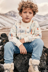 Fleece Sweatshirt Beige Ski Print-1