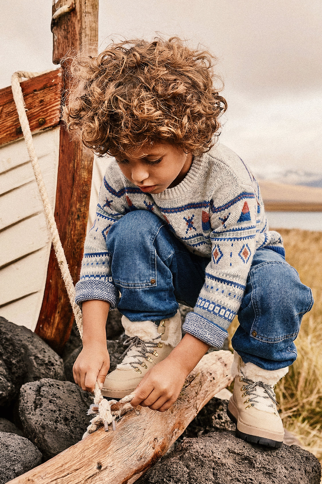 Jacquard Knit Sweater Blue And Beige-1