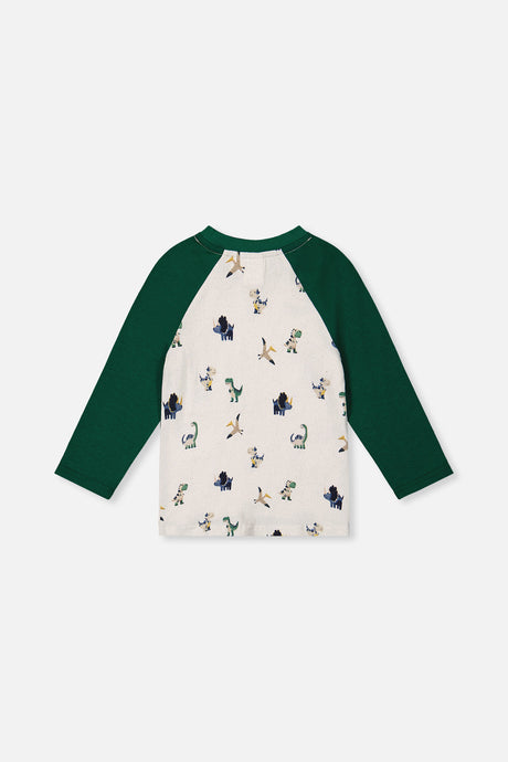 Deux par Deux Long Sleeve Raglan T-Shirt Beige Dinosaur Print