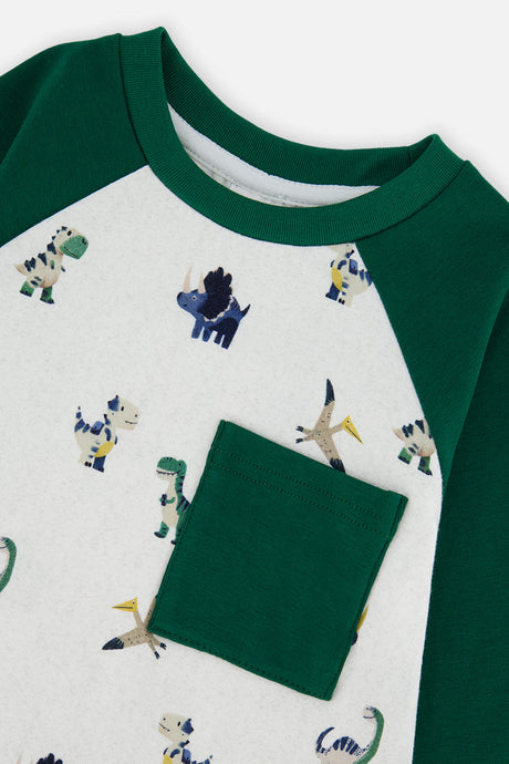Deux par Deux Long Sleeve Raglan T-Shirt Beige Dinosaur Print