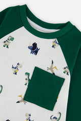 Deux par Deux baby boy long sleeve raglan t-shirt in beige with dinosaur print, view 6