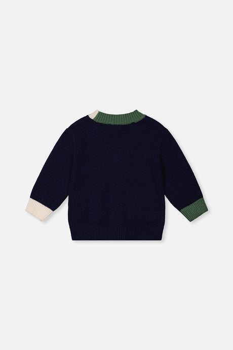 Deux par Deux Knit Cardigan With Dino Dark Blue, Green And Yellow