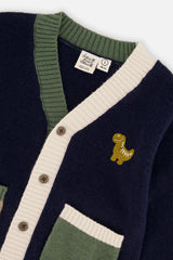 Deux par Deux Knit Cardigan With Dino Dark Blue, Green And Yellow