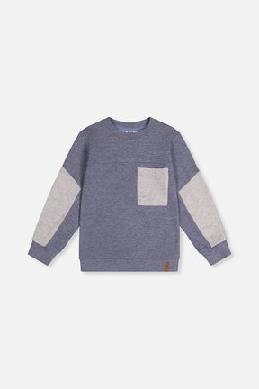Deux par Deux heathered blue colorblock top with light gray elbow patches and chest pocket, flat view