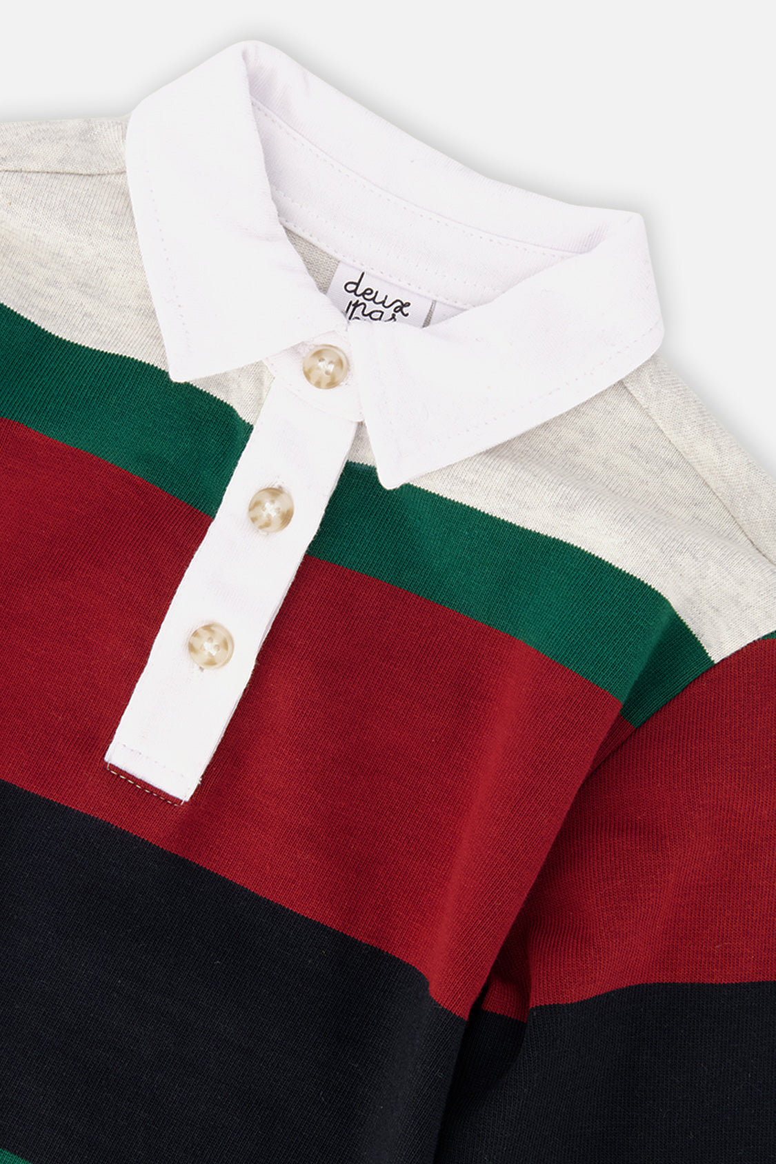 Deux par Deux Polo Top Blue Striped Red, Green And Grey