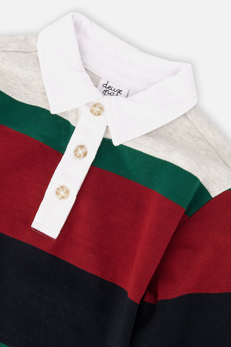 Deux par Deux Polo Top Blue Striped Red, Green And Grey