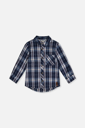 Deux par Deux boys' flannel shirt in blue and white plaid, front view