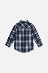 Blue and white plaid flannel shirt laid flat, back view