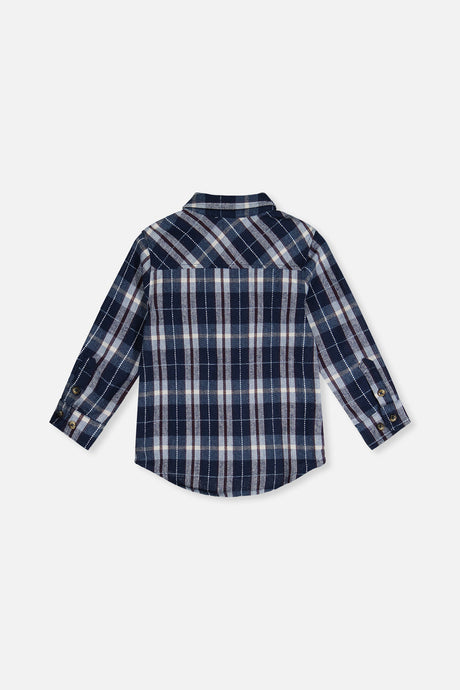 Blue and white plaid flannel shirt laid flat, back view