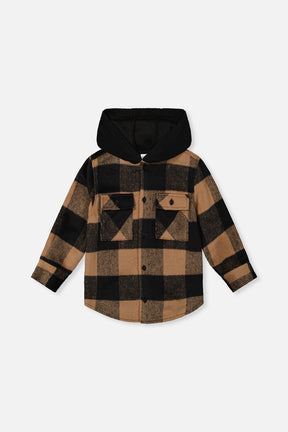Flannel Shirt With Fleece Hood Brown And Black Plaid-0