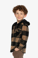 Flannel Shirt With Fleece Hood Brown And Black Plaid-2