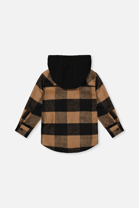 Deux par Deux Flannel Shirt With Fleece Hood Brown And Black Plaid