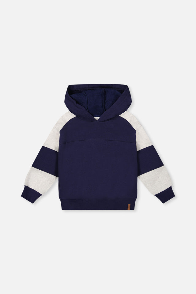 Hooded Striped Fleece Cardigan Dark Blue And Beige-0