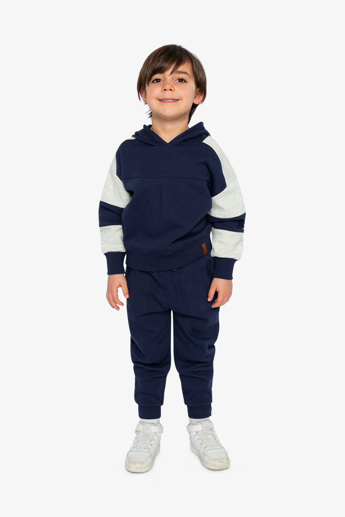 Hooded Striped Fleece Cardigan Dark Blue And Beige-4
