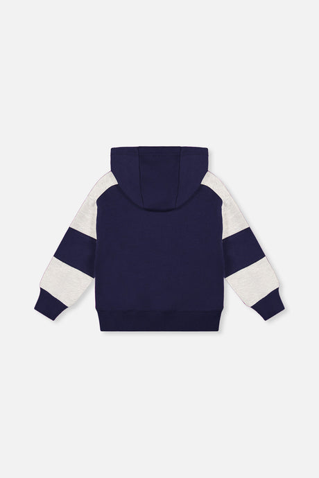 Deux par Deux Hooded Striped Fleece Cardigan Dark Blue And Beige
