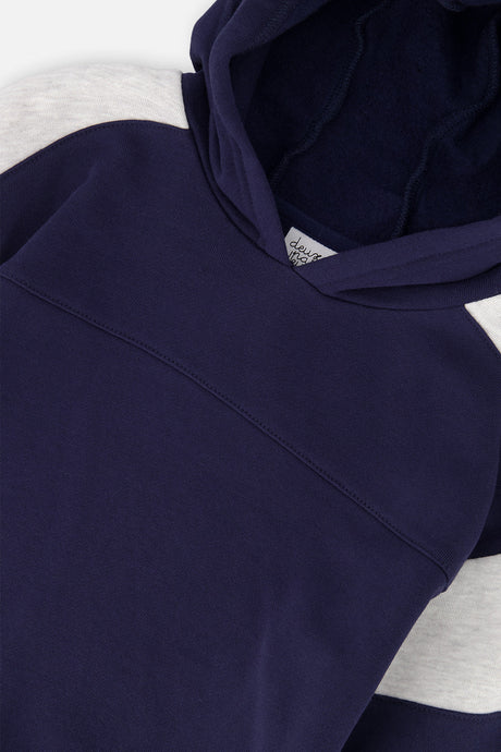 Deux par Deux Hooded Striped Fleece Cardigan Dark Blue And Beige