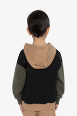 Hooded Colorblock Fleece Cardigan Black, Green And Beige-3