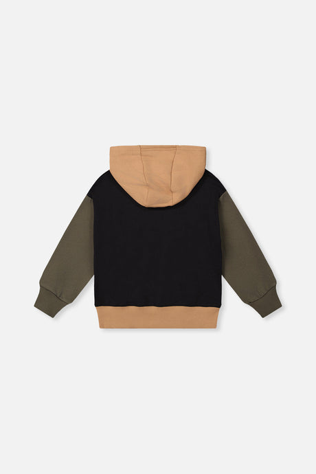 Deux par Deux Hooded Colorblock Fleece Cardigan Black, Green And Beige