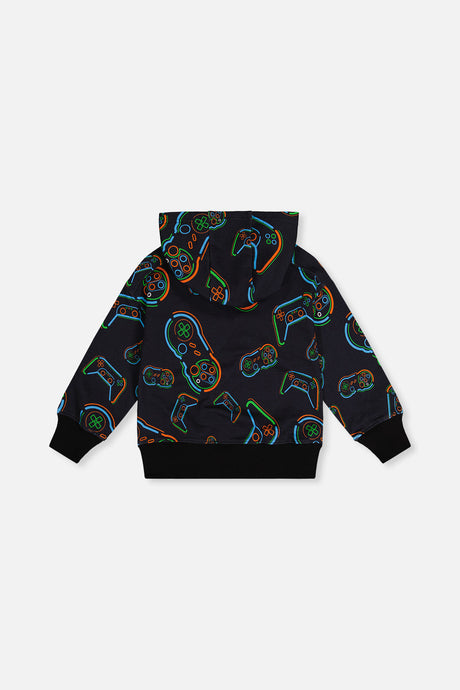 Deux par Deux Fleece Hooded Sweatshirt Black Printed Controller