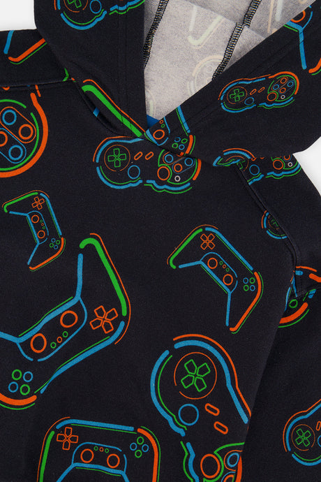 Deux par Deux Fleece Hooded Sweatshirt Black Printed Controller