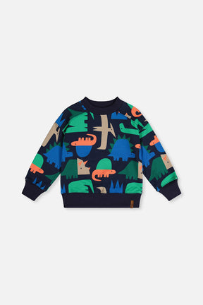 Deux par Deux boys' fleece sweatshirt with blue dinosaur print, front view