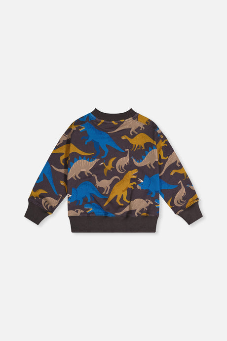 Deux par Deux Fleece Sweatshirt Grey Dinosaur Print