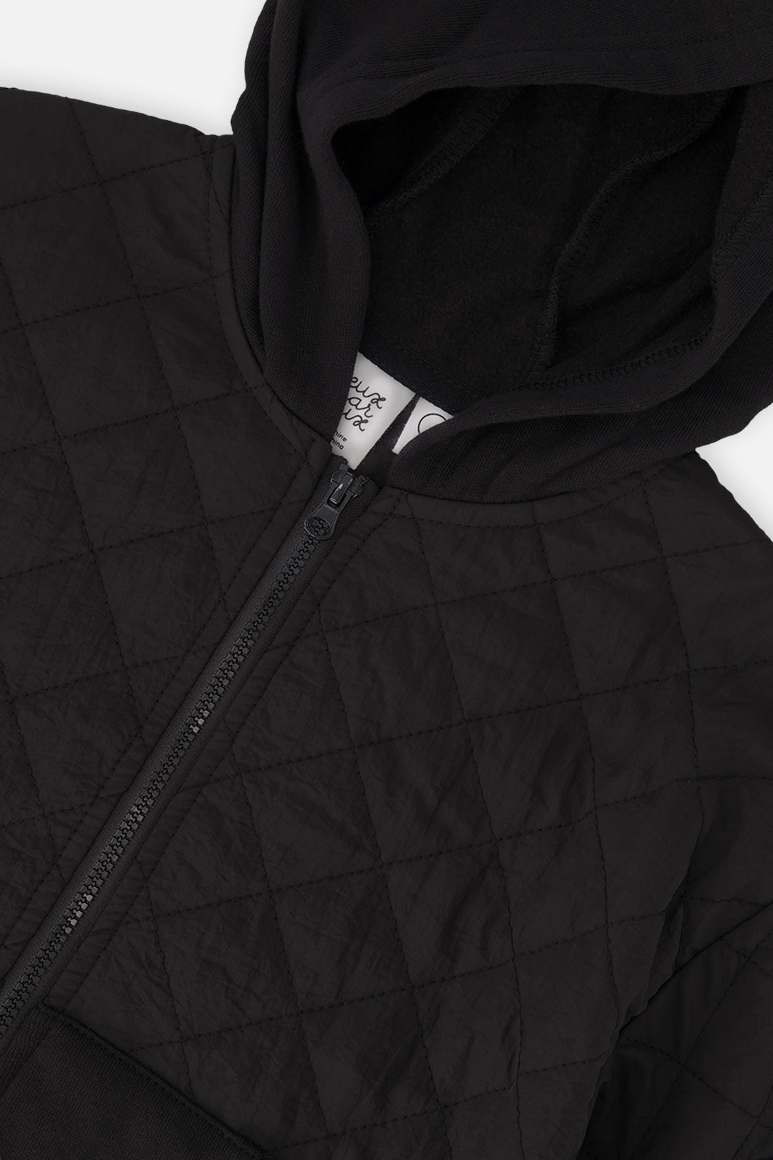 Deux par Deux Full Zip Hooded Bi-Material Cardigan Black