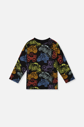 Organic Cotton Long Sleeve T-Shirt Black Monster Truck Print-0