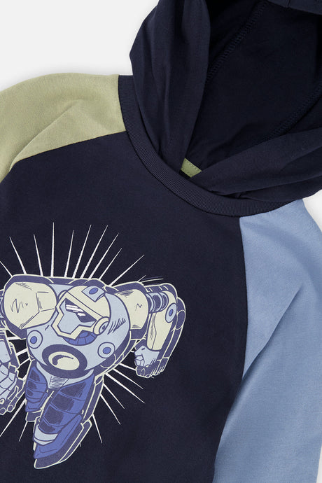 Deux par Deux Raglan Hooded T-Shirt Dark Blue And Green