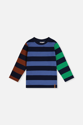 Deux par Deux boys' long sleeve T-shirt with blue body stripes and green and brown striped sleeves, front view