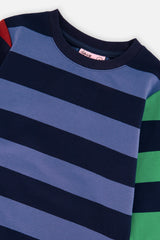 Close-up of the crew neckline and wide stripes on the blue, green and brown long sleeve T-shirt