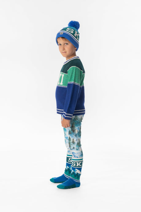 Child wearing Deux par Deux dark blue and dark green SKI sweater, lookbook view 2