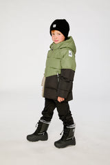 Child wearing the Deux par Deux olive green color-block winter jacket, view 2