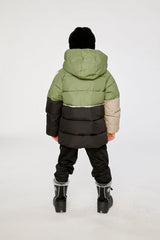 Child wearing the Deux par Deux olive green color-block winter jacket, view 3