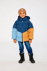 Child wearing the Deux par Deux dark blue color-block winter jacket, view 1