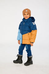 Child wearing the Deux par Deux dark blue color-block winter jacket, view 2