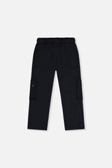 Deux par Deux boys' twill pants with cargo pockets in dark blue, back view