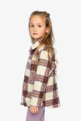 Zipped Sherpa Overshirt With Chest Pockets Beige And Mauve Plaid-2